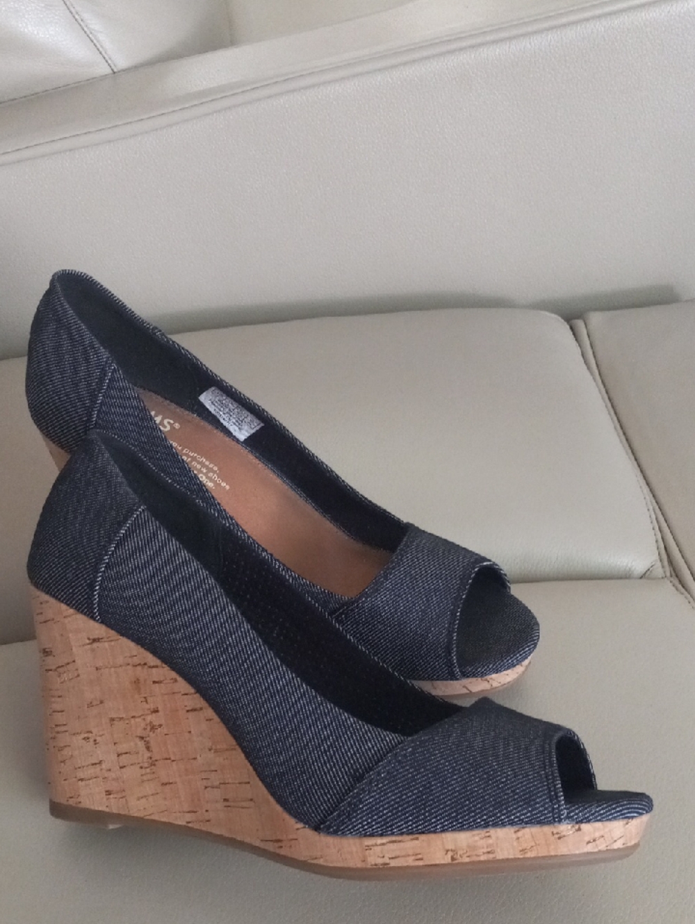 Toms Denim Peep Toe Cork Wedge Heels 7W